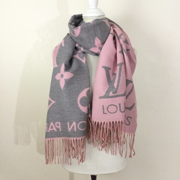 LV Neck Scarf Pink & Gray Cashmere Shawl - Picture 3 of 7